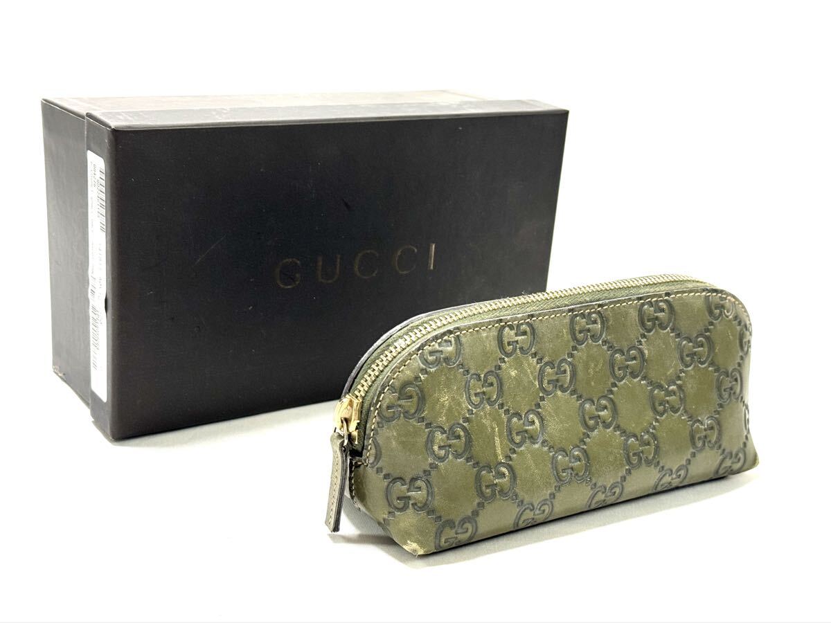 ♪304076 / 2GUCCI グッチ GG柄 セカンドバッグ ポーチ レザー グリーン系 ゴールド金具 / 609-10
