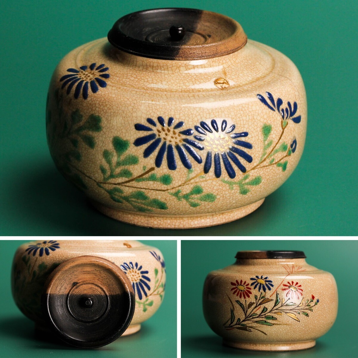 時代 黒柿蓋 古清水色絵草文茶入 茶道具