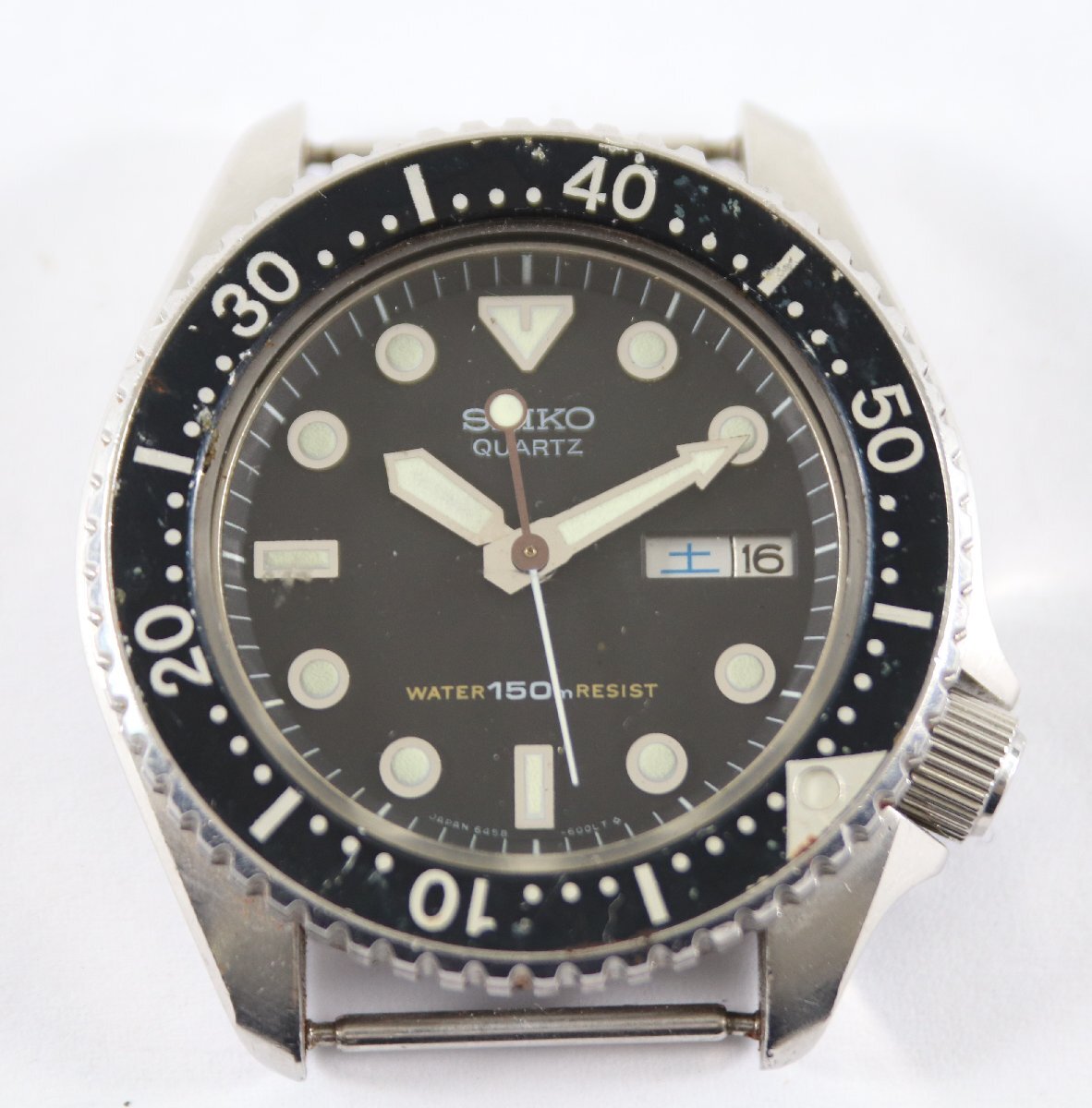 【不動品】SEIKO セイコー 6458-6000 ダイバー クォーツ デイデイト 腕時計 フェイスのみ シルバーカラー 黒文字盤 メンズ 5744-RY