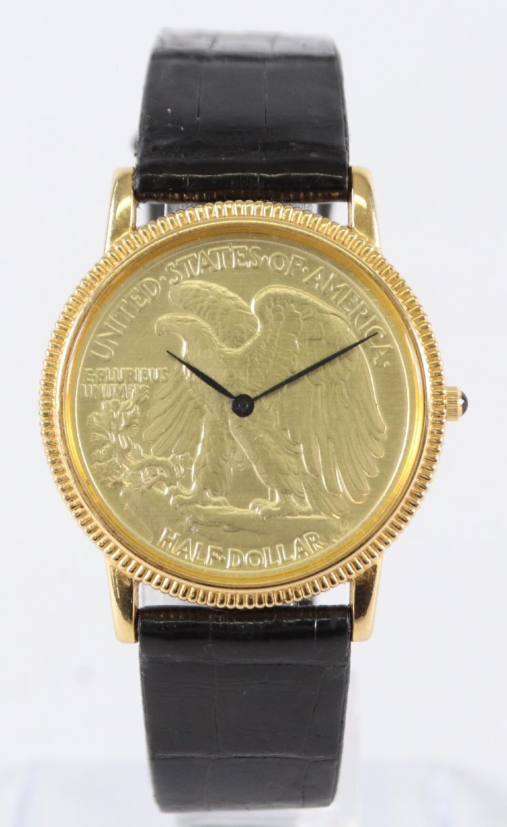 【不動品】WALKING LIBERTY HALF DOLLARS コインデザイン コイン文字盤 18K5M クォーツ ゴールドカラー 腕時計 5721-KI