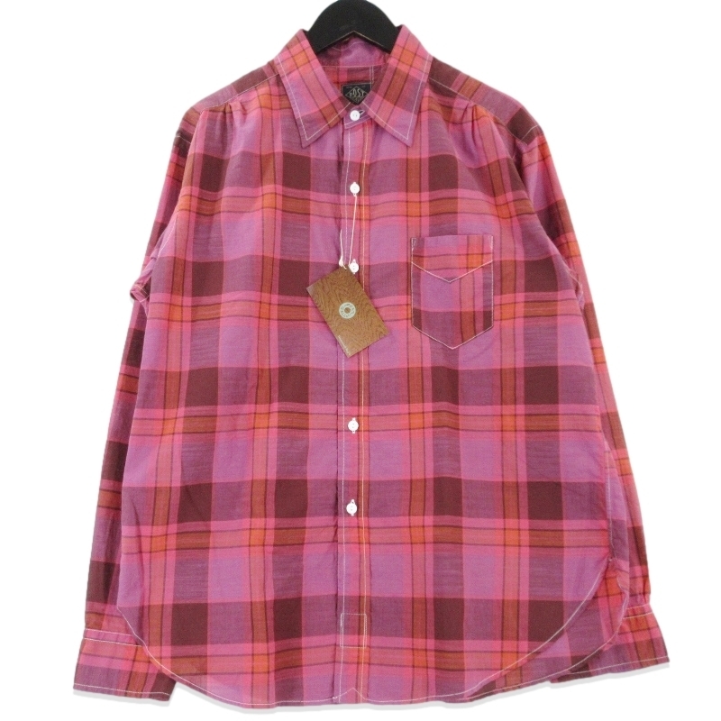 未使用 POST O'ALLS ポストオーバーオールズ Original BL Shirt 3232-CPP 長袖シャツ コットンプレイド マドラス ピンク M 99001116