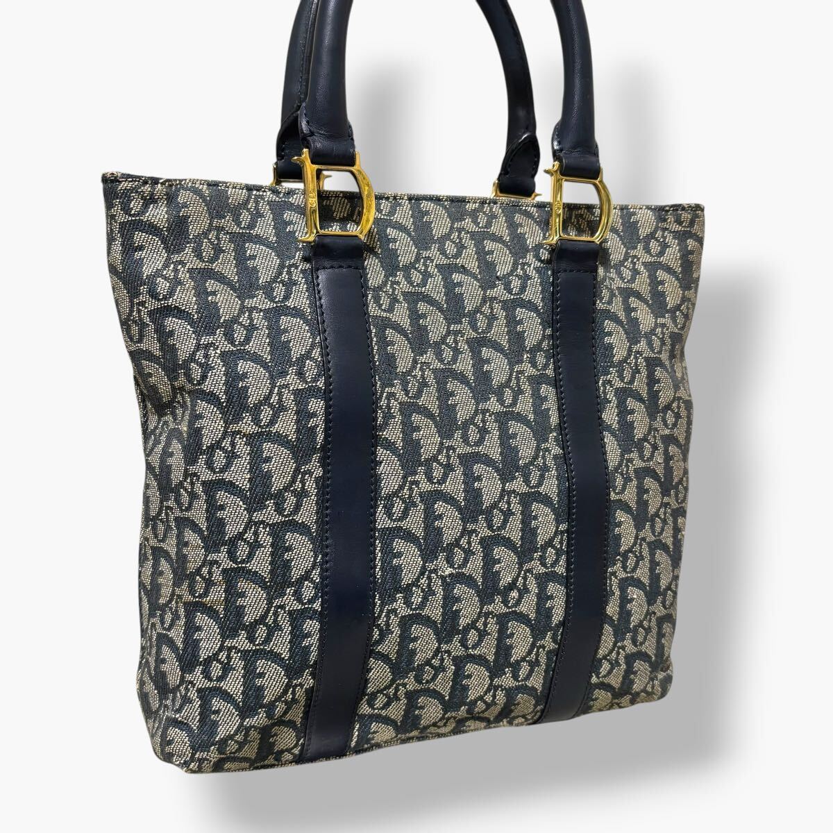 1円~ Christian Dior クリスチャン ディオール トロッター 柄 ハンドバッグ ミニ トートバック キャンバス レザー D金具 ジャガード 紺色