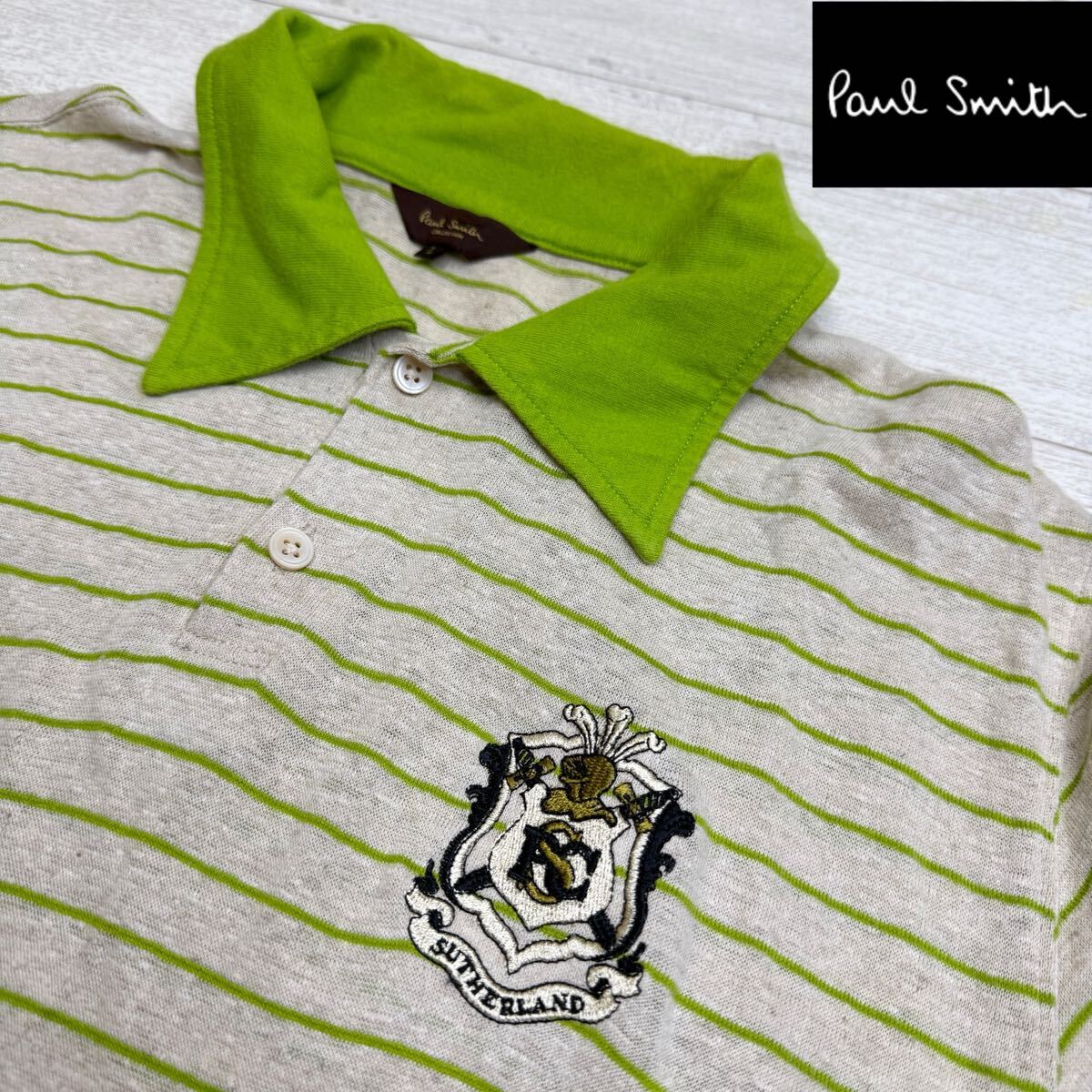 【美品】ポールスミス Paul Smith 半袖 ポロシャツ ボーダー カジュアル　トップス　ロゴワッペン　ゴルフウェア　リネン　サイズL メンズ