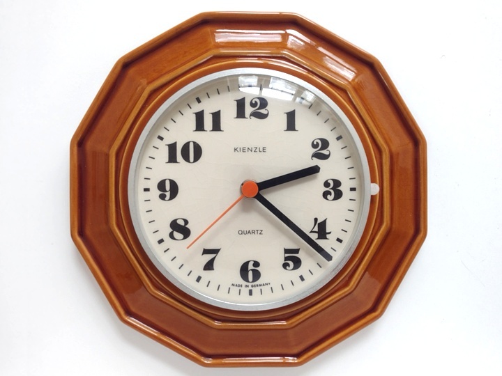 ●○ドイツ製 陶器の壁掛け時計 明茶 十二角形 KIENZLE○●アナログウォールクロックレトロビンテージアンティークインテリア IN847