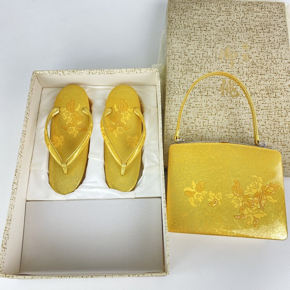 美品 和装小物 草履 バッグ セット 御誂 ゴールド 金色 花柄 刺繍 フォーマル 振袖 留袖 訪問着 着物 和服 成人式 結婚式