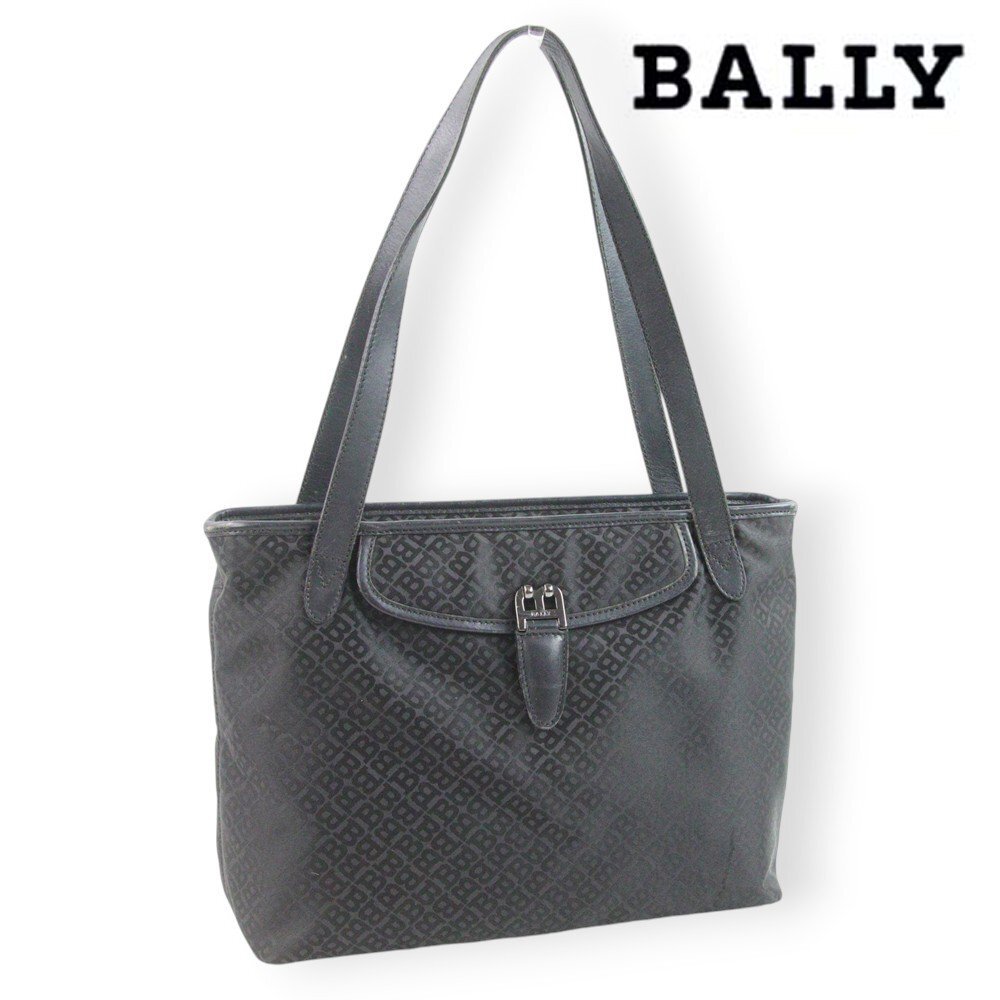 美品 BALLY バリー キャンバス 牛革 レザー Bロゴ モノグラム ショルダートートバッグ 黒 ブラック モノグラム 【参考価格￥83,600-】