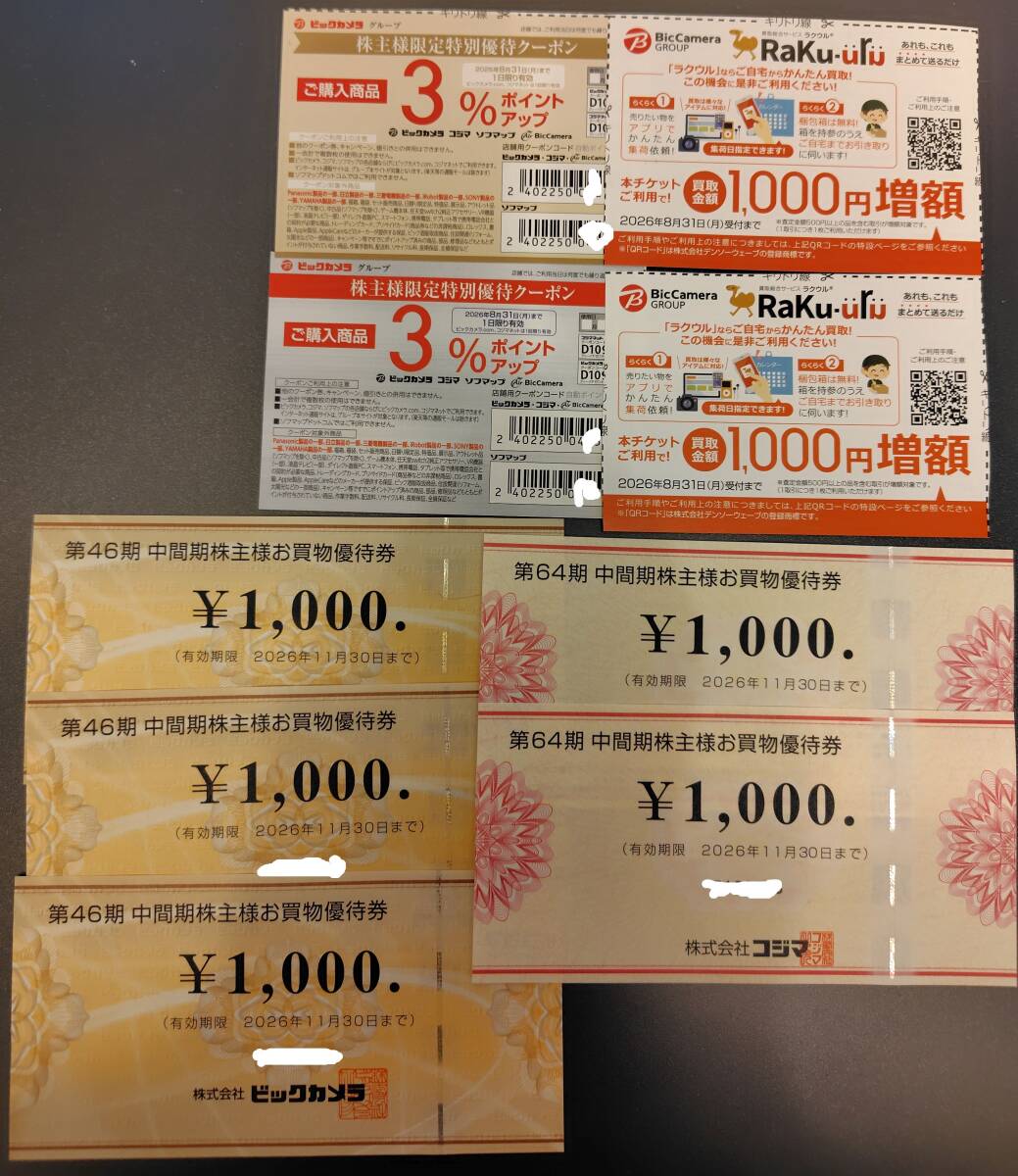 ビックカメラ＆コジマ　株主優待券　お買物優待券　5000円分 11/30迄 クーポン付 普通郵便無料