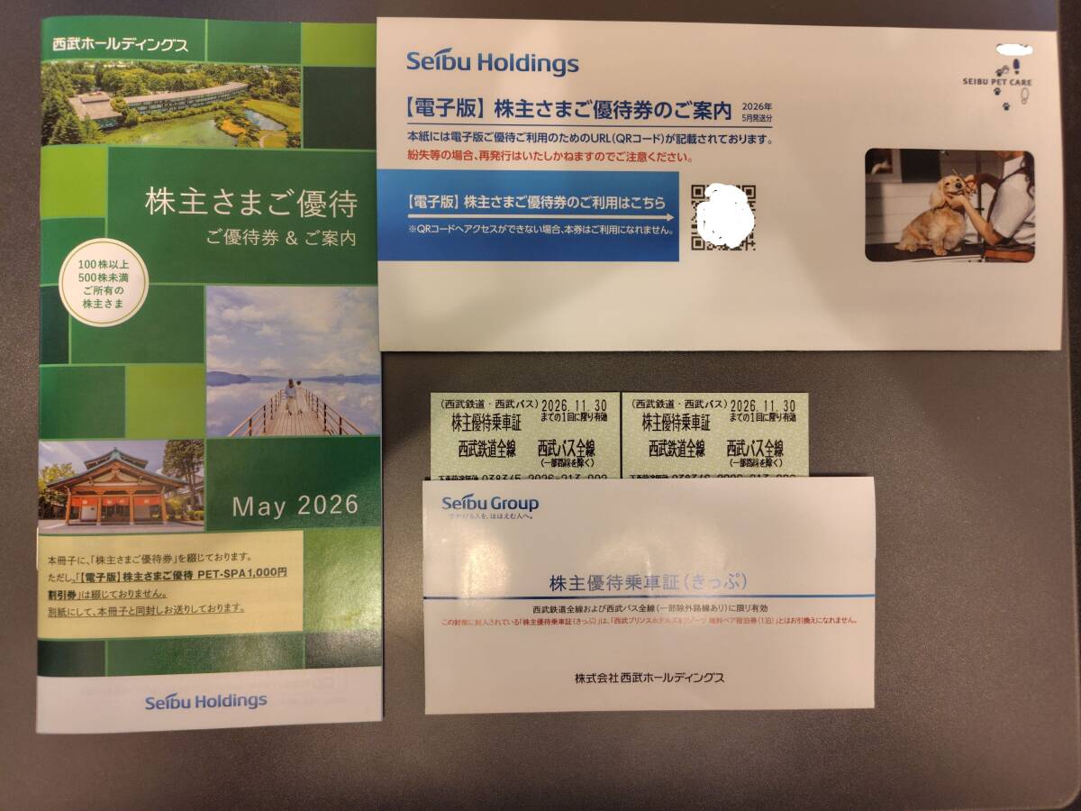 西武ホールディングス　株主優待冊子　株主優待乗車証(きっぷ)2枚　ペットspa割引　有効期限2026年11月30日迄　普通郵便送料無料