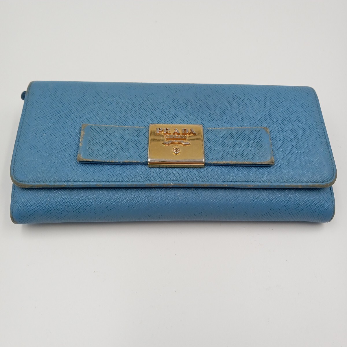 F PRADA プラダ 長財布 ブルー サフィアーノ レザー リボン