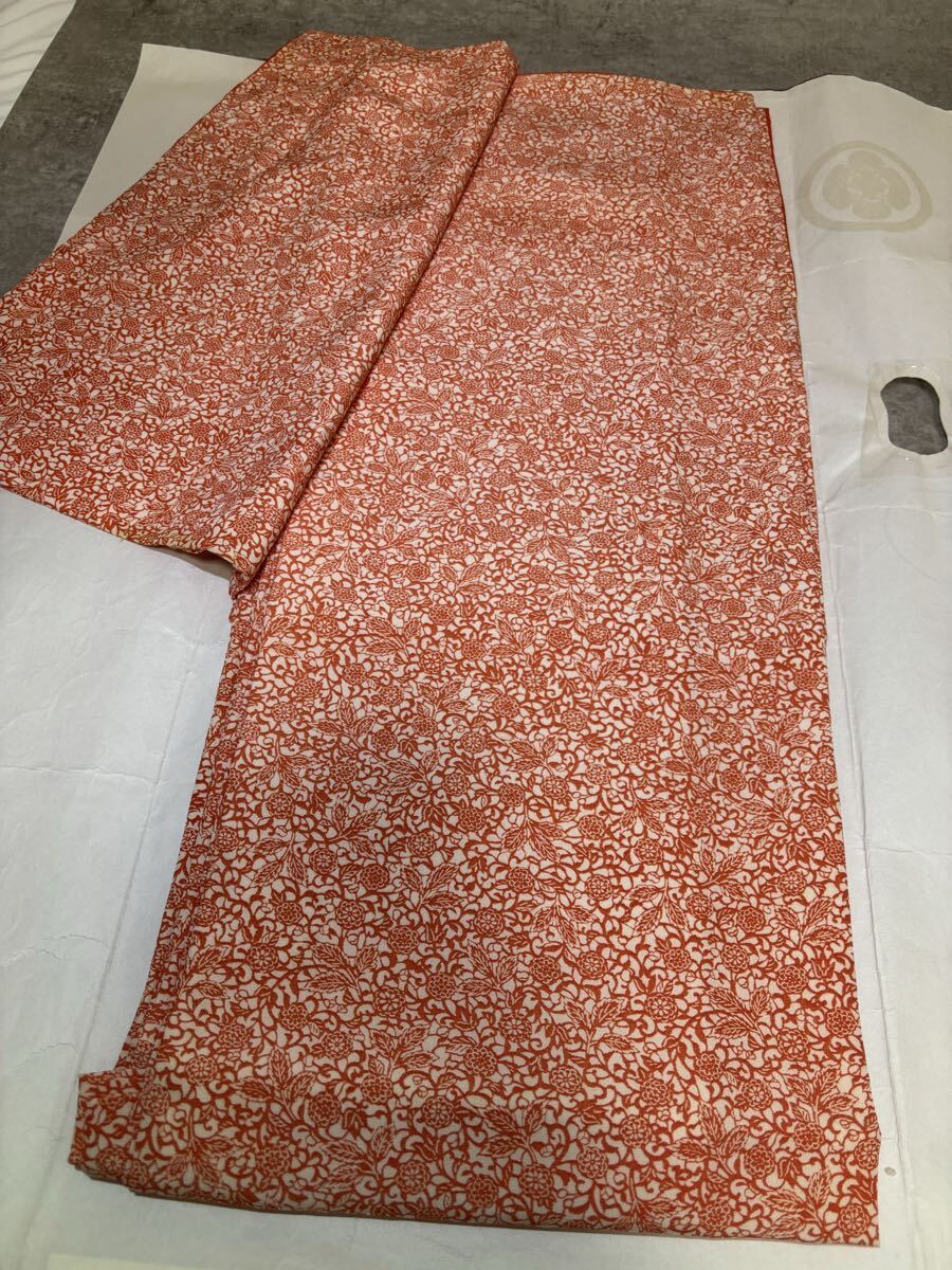 小紋　正絹　草葉　花　華　橙色　着物　和服　和装　リメイク　染め替え　ハンドメイド　生地　衣装　百貨店　高級