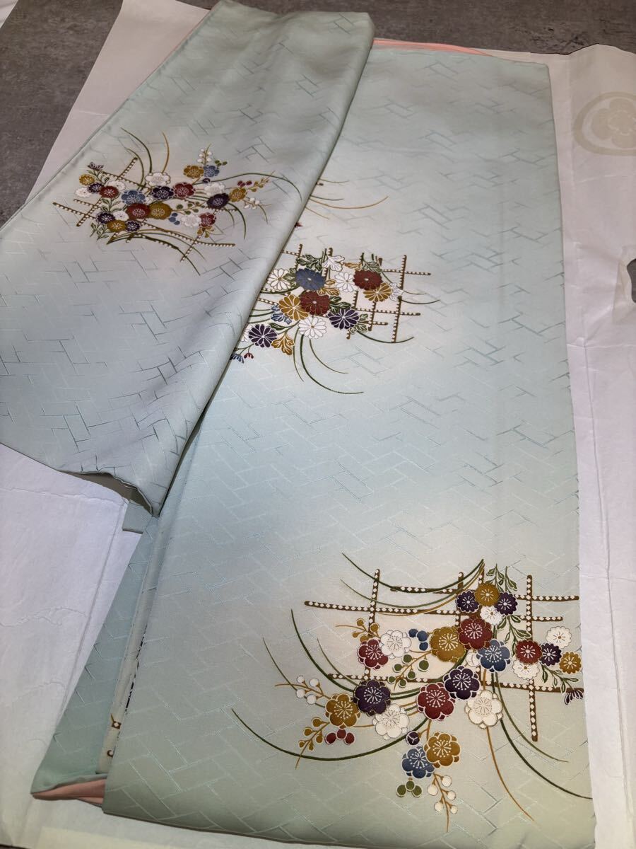 小紋　正絹　暈　桧垣　金彩　梅　菊　花　華　水色地　着物　和服　和装　リメイク　ハンドメイド　生地　衣装　百貨店　高級
