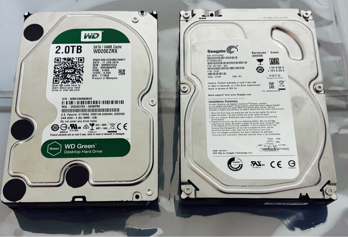 【正常判定 不良セクタなし】【正常判定 不良セクタなし】2TB HDD 2台セット 合計4TB WD20EZRX ST2000DL003 動作確認済