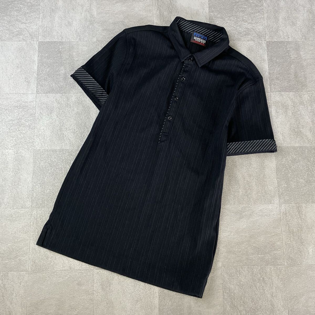 良品　NICOLE CLUB FOR MEN ニコルクラブフォーメン　ストライプ半袖シャツ　半袖カットソー ストレッチ　ブラック　サイズ46 古着