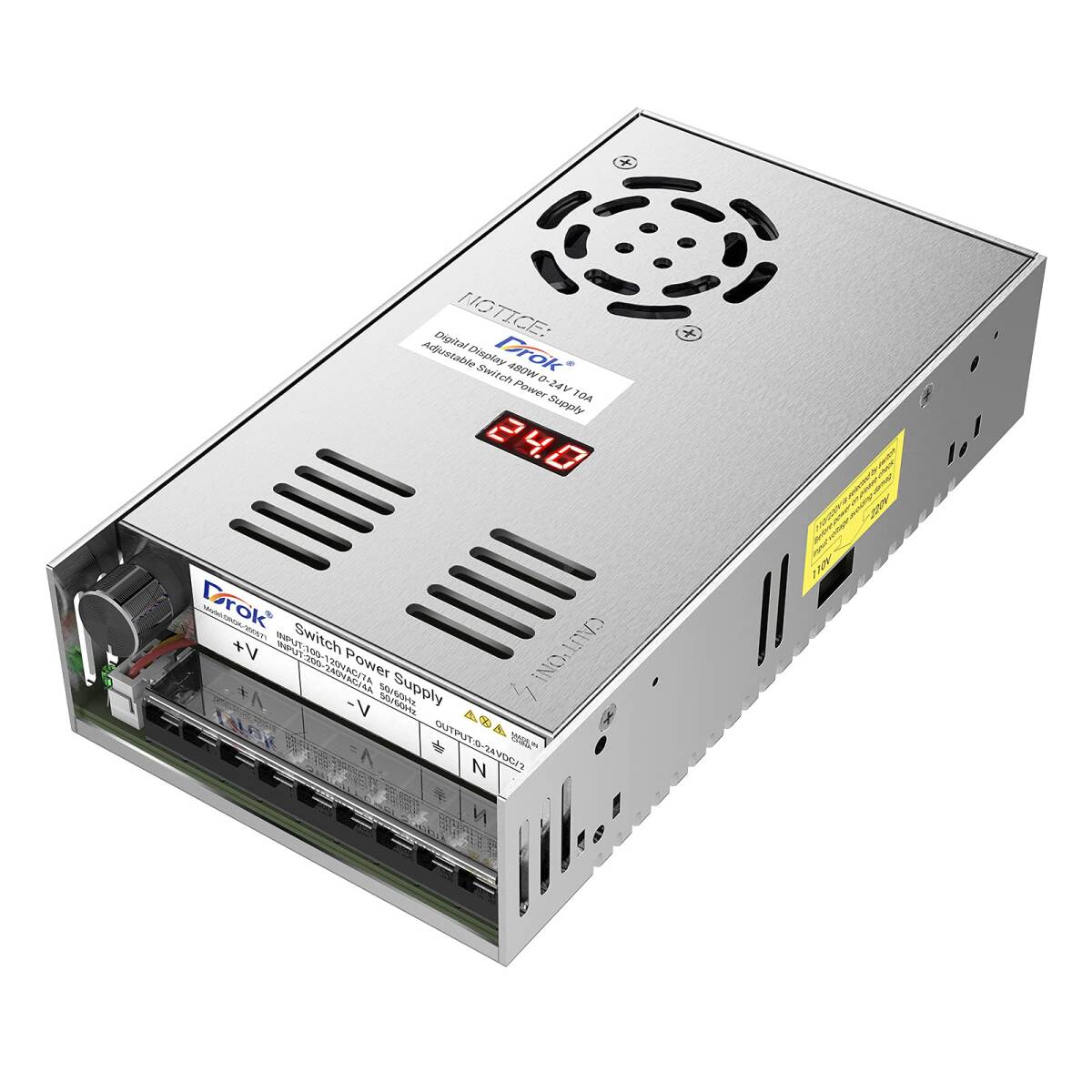 DROK スイッチング電源 AC 110/220V→DC 0-24V 20A 480W 電圧調整可能 安定化デンゲン 直流でんげy