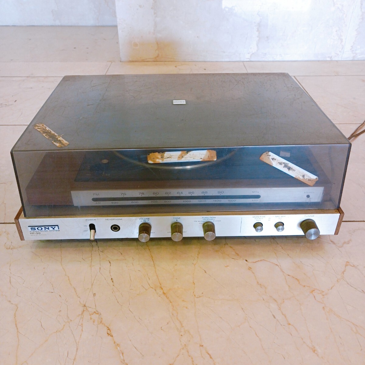 SONY ソニー レコードプレーヤー 昭和レトロ HP-50 STEREO MUSIC SYSTEM 通電OK カバー破損あり 