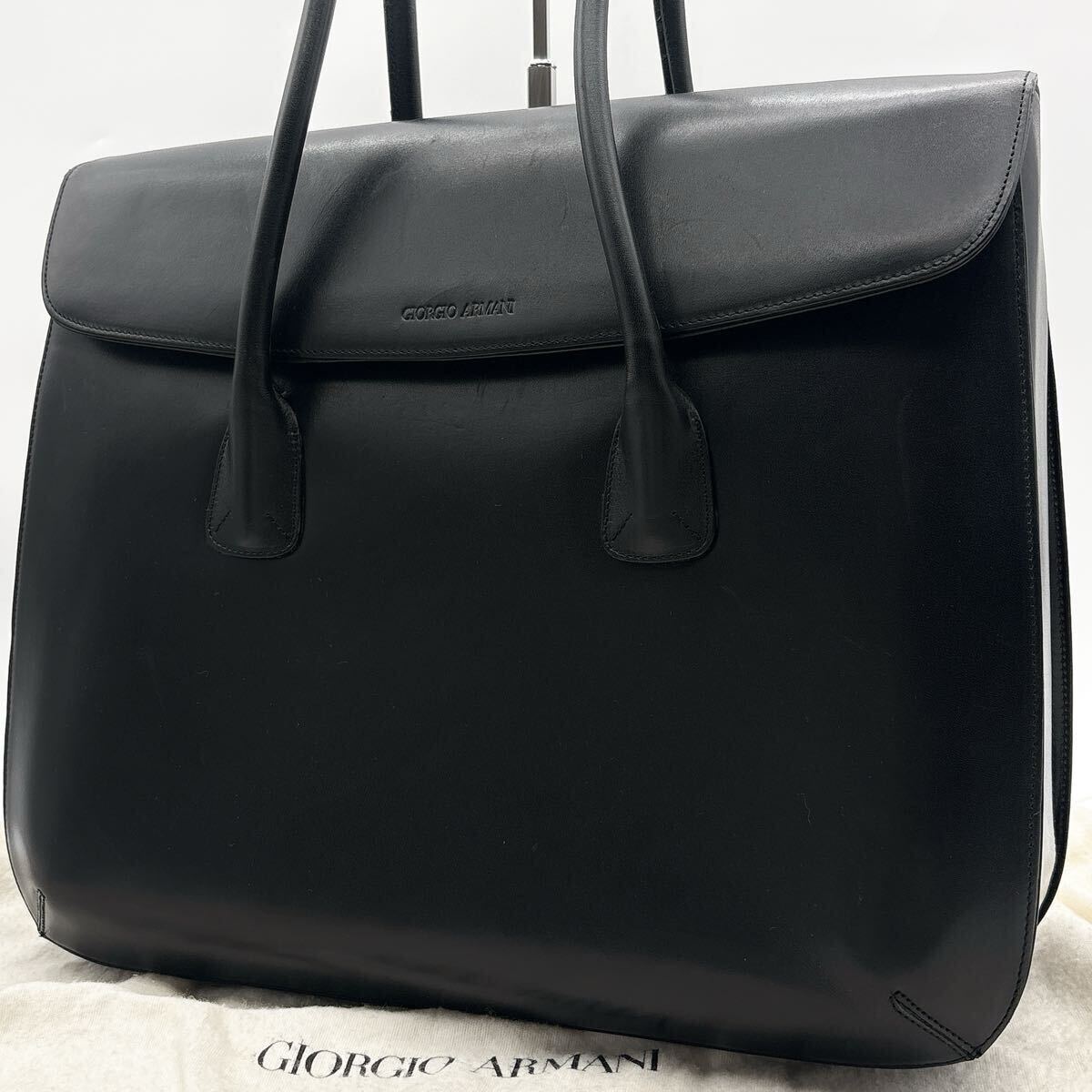 y251 GIORGIO ARMANI ジョルジオアルマーニ ロゴ型押し トートバッグ ハンドバッグ ビジネスバッグ レザー ブラック 肩掛け A4収納 メンズ