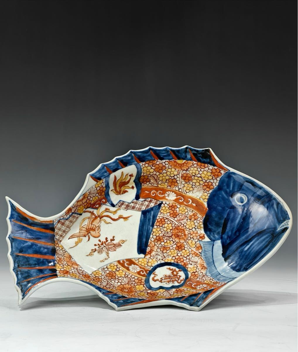 【萬古】中国古美術 清代 古玩 斗彩 青花 魚形 皿 骨董品 唐物 時代物 当時物 置物 旧家収蔵 置物 w8