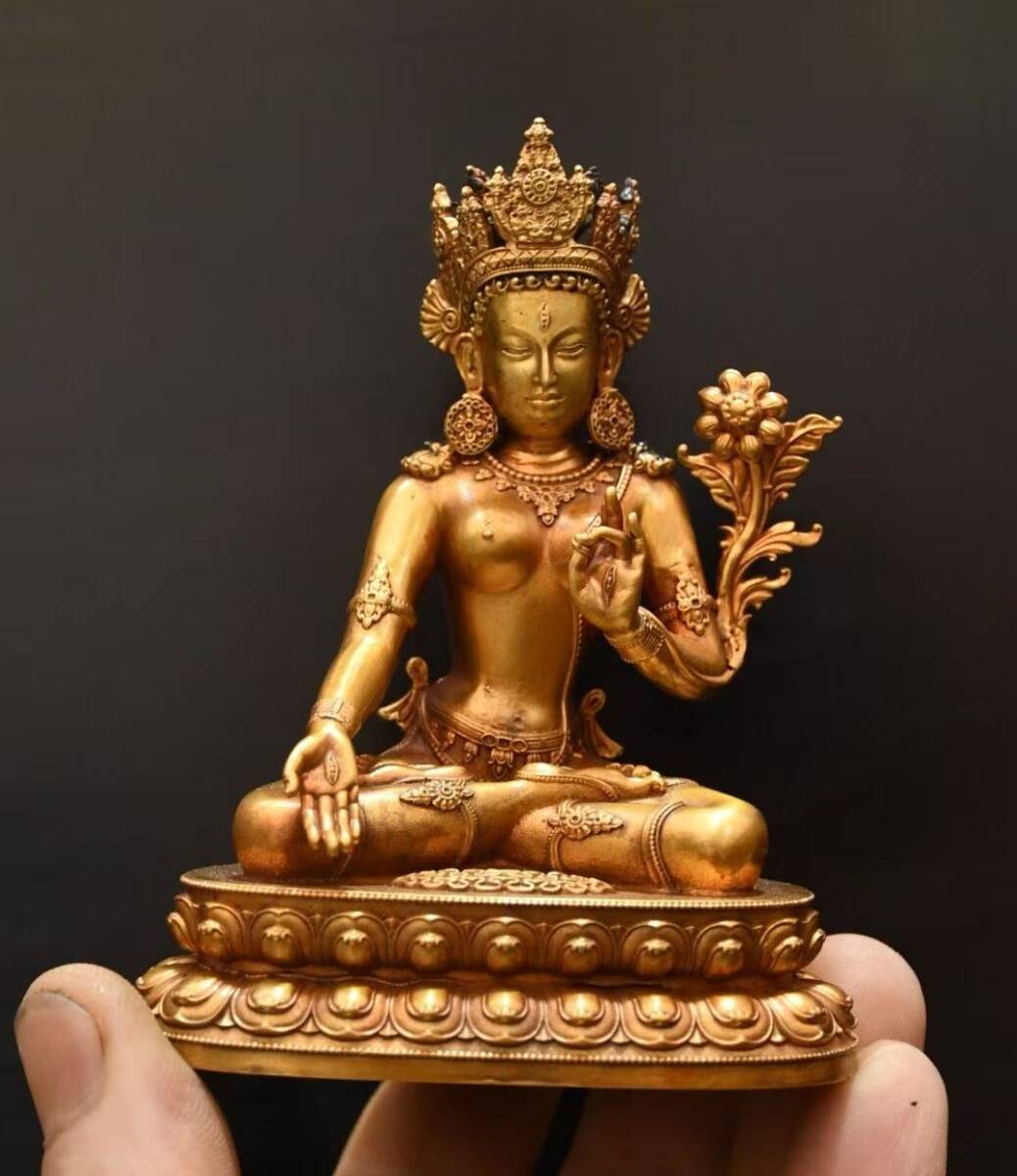 【中古文化*チベット密教 銅製塗金 白度母坐像 蓮華台座付 細密彫刻 時代美品 仏教美術 旧家蔵出】