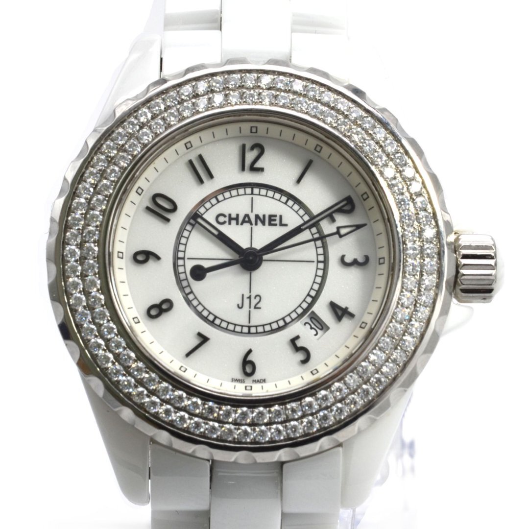 稼働　A100-12754535A　CHANEL シャネル　 J12 　セミラック・ホワイト　 QZ 　デイト　ホ ワイト文字盤　レディース腕時計