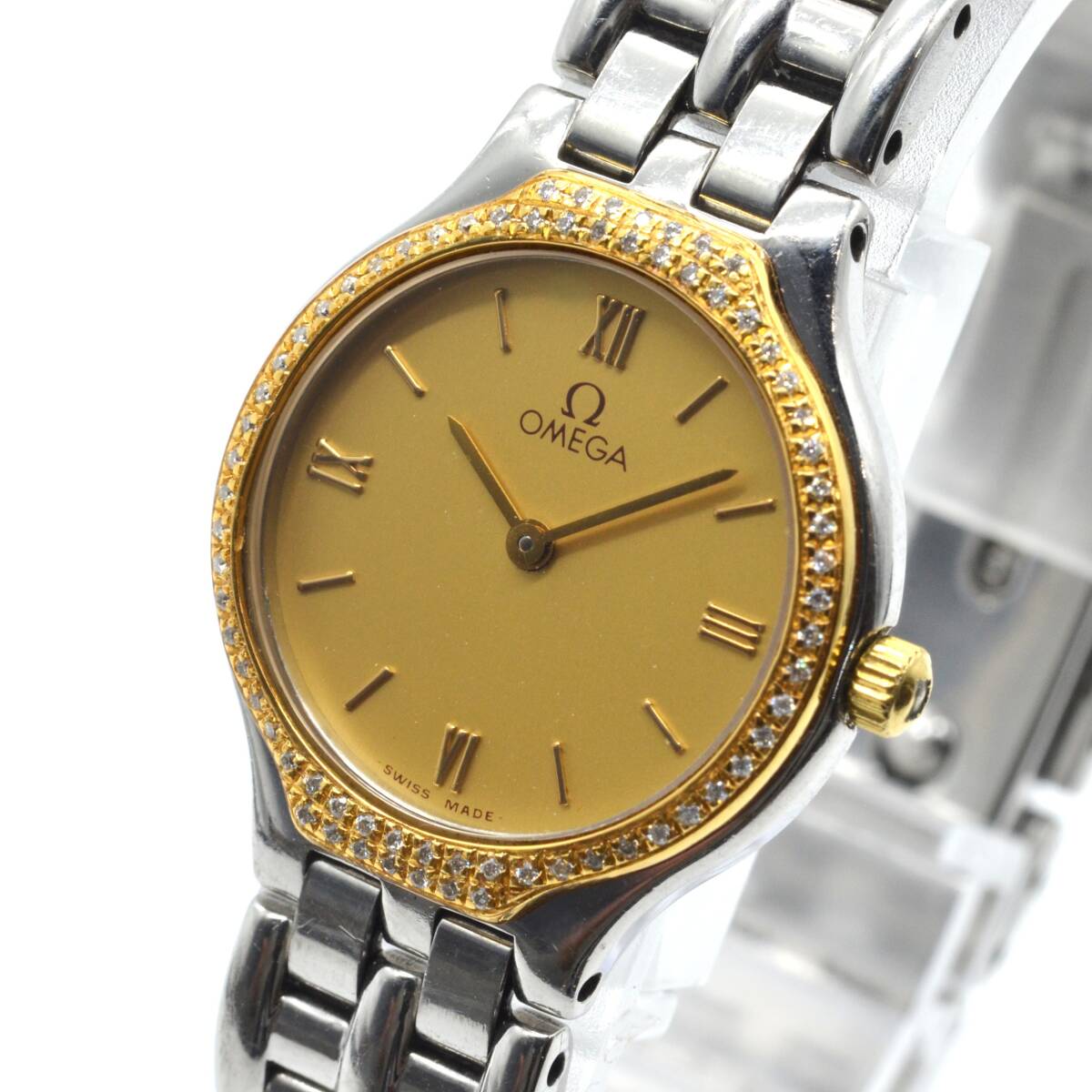 １円～稼働 A111-1240145F　OMEGA オメガ　デビル　 23 ミリ　ステンレス　クォーツ　ゴールド文 字盤　レディース腕時計