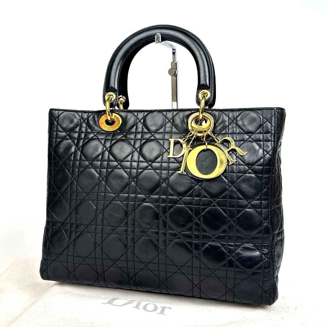 【美品】Christian Dior レディディオール クリスチャンディオール ハンドバッグ トート カナージュ チャーム レザー 黒 キルティング 人気