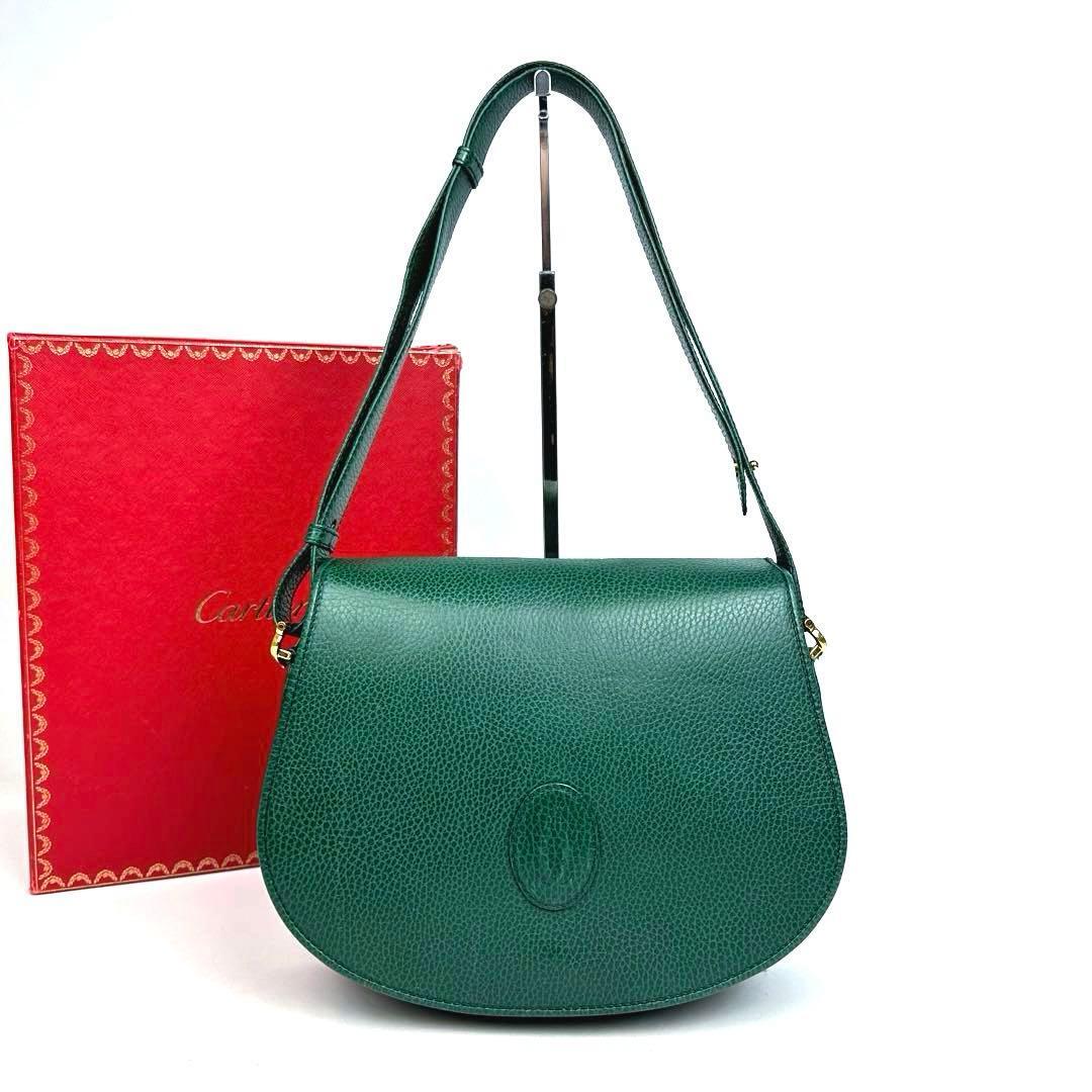 【美品】Cartier カルティエ マストライン ショルダーバッグ 2way ハンドバッグ ポシェット ゴールド金具 男女兼用 レザー グリーン 人気
