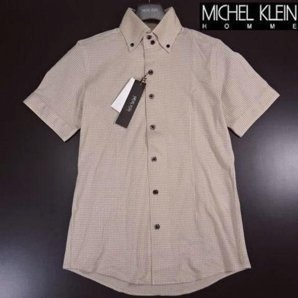 ◎新品 ミッシェルクランオム 定価18700円 日本製 半袖 シャツ ストレッチ 千鳥 イージーケア 44 S MICHEL KLEIN HOMME メンズ 男性 紳士用