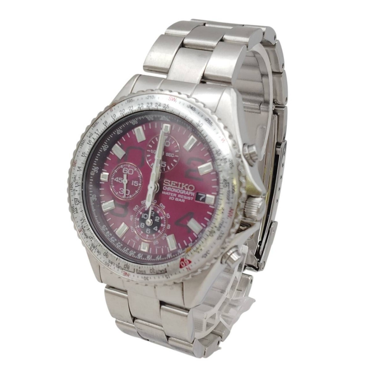 S-07803 SEIKO セイコー 7T92-0CF0 クロノグラフ 赤文字盤 クォーツ QZ デイト SS 腕時計 メンズ 訳あり 不動 現状品 03