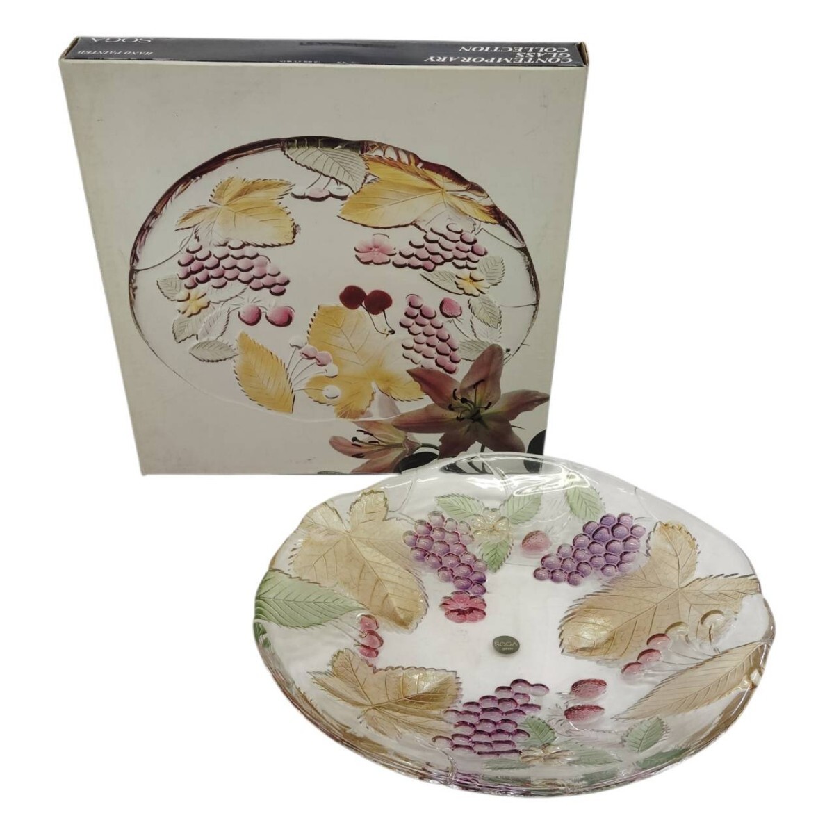 S-08097 SOGA 曽我ガラス A1901Z FOUR SEASONS 葡萄柄 ガラス大皿 33cm フォーシーズンズ 立体レリーフ 昭和レトロ 食器 現状品 015