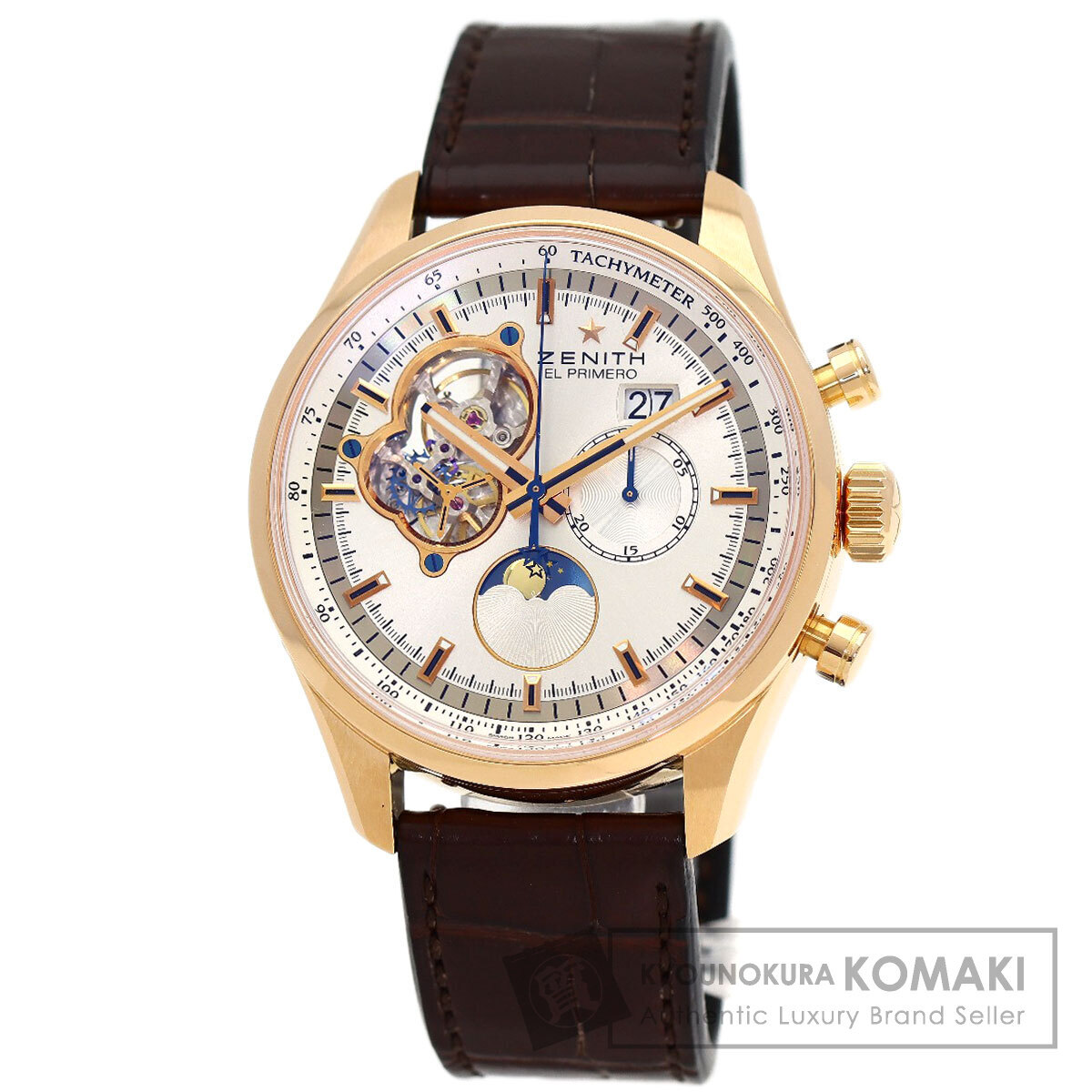 ZENITH ゼニス 18.2160.4047/01.C713 プリメロ クロノマスター オープン ムーン&サンフェイズ 腕時計 K18ピンクゴールド 革 メンズ 中古