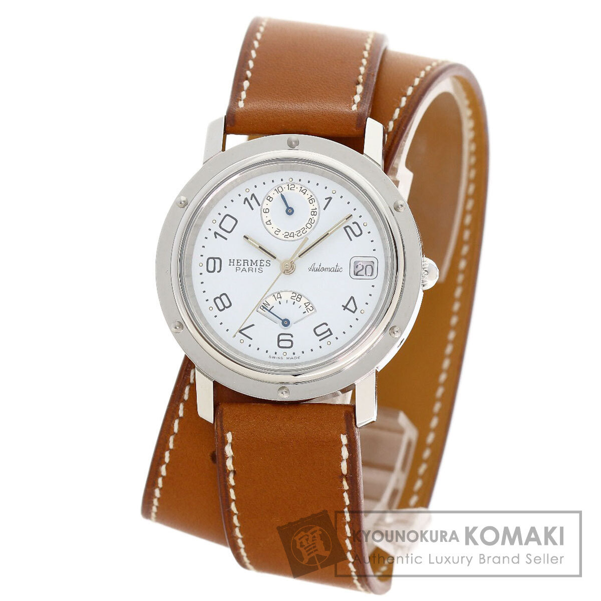 HERMES エルメス CL5.710 クリッパー ドゥブルトゥール パワーリザーブ 腕時計 ステンレススチール 革 メンズ 中古