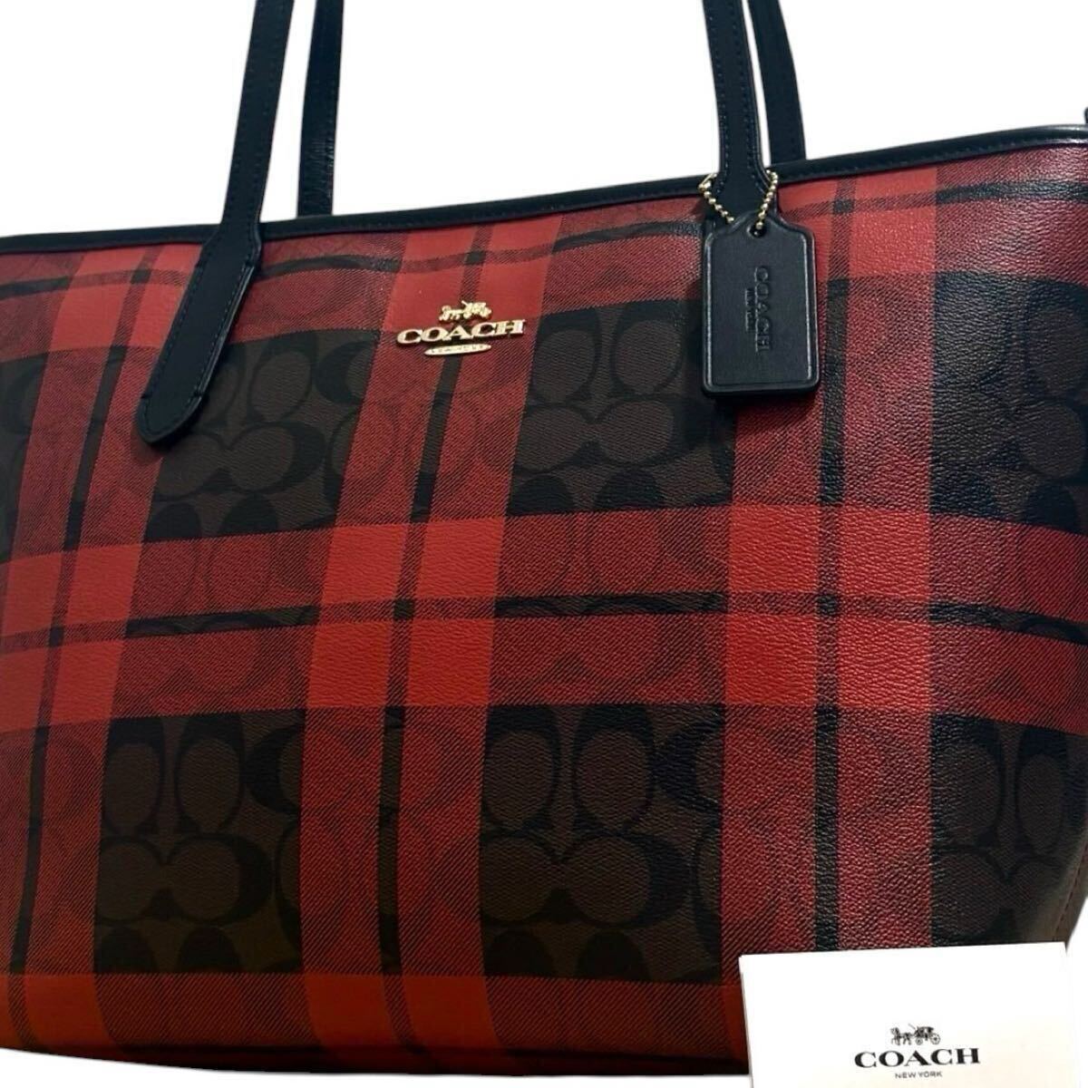 1円～【入手困難品】定価12万円 コーチ COACH トートバッグ ビジネスバッグ ブリーフケース A4 2way レザー メンズ レディース 赤チェック