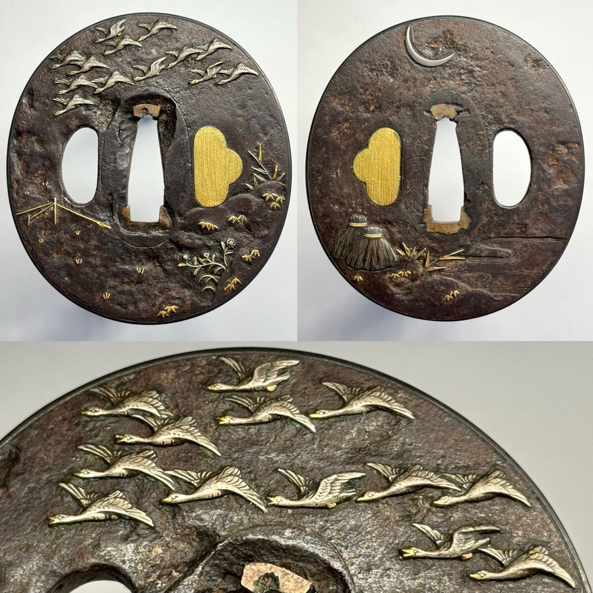 鶴谷廣明（花押） 群鶴図鐔 石黒派 石黒政明門人 見事な作域 鉄地 金銀象嵌 高彫 赤銅覆輪 片櫃埋 （検） 刀装具 鍔 鐔 石黒