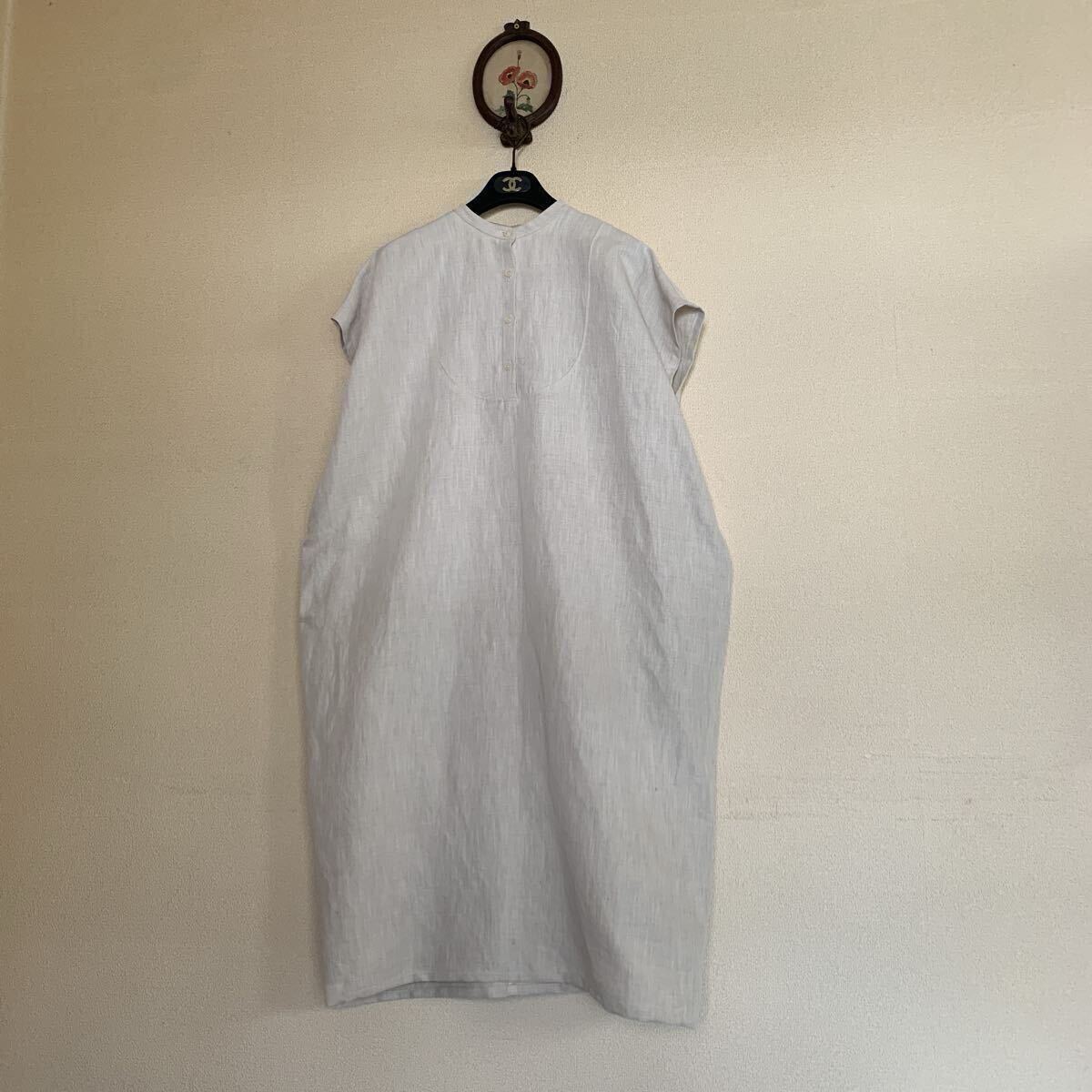☆ハンドメイド☆ 綿麻　細ヘリンボーン／ゆったりフレンチワンピース／M〜L