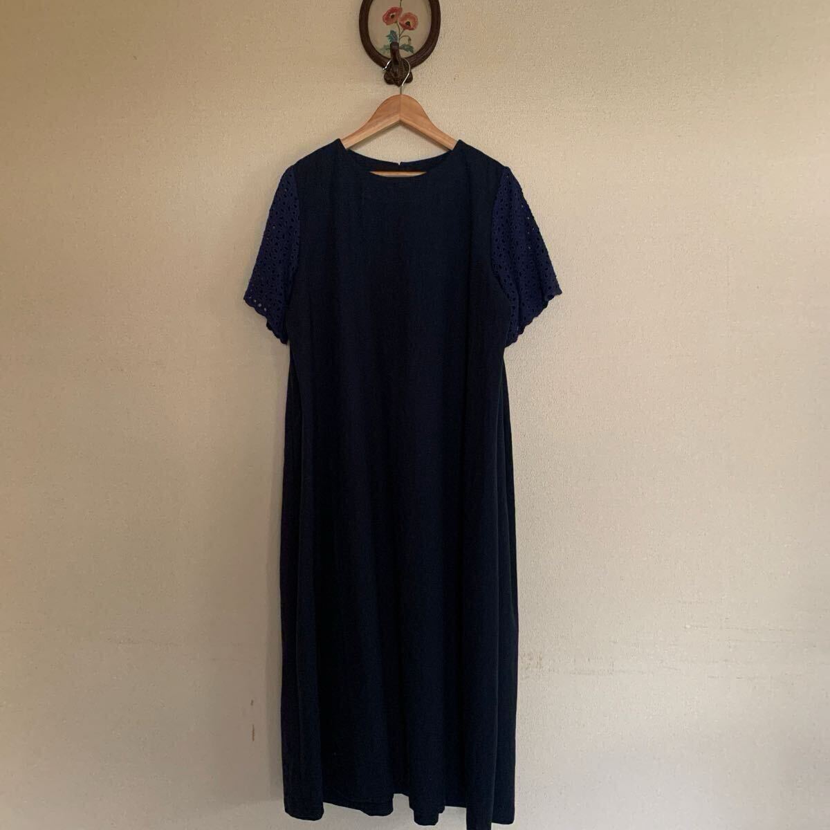 ☆ハンドメイド☆ 綿麻 ネイビー＆Wガーゼ／ 半袖ワンピース／M〜 L