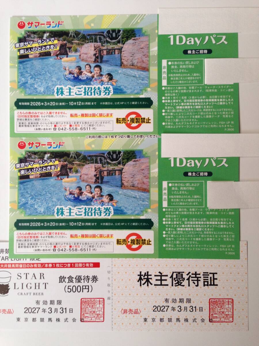 東京都競馬　株主招待券　サマーランド　1Dayパス　2枚（2人分）　10月12日まで　大井競馬場　株主優待証＆500円飲食券