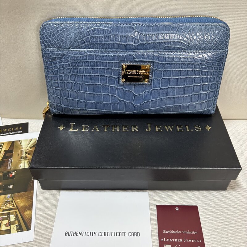 美品 LEATHER JEWELS レザージュエルズ 02P98B ナイルクロコ ラウンドファスナー 長財布 ブルージーン ネイビー 青系 IW607AA04LJW