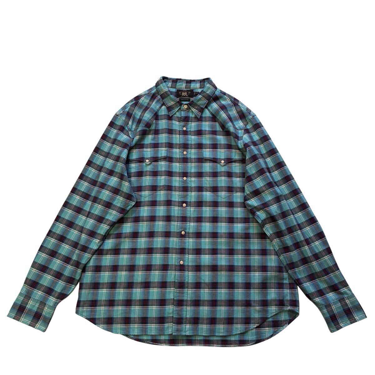 ビッグサイズ♪美品 RRL マドラスチェック ウエスタン コットンシャツ XXL 水色 青 黒 赤 ビンテージ 90s オンブレチェック ネルシャツ