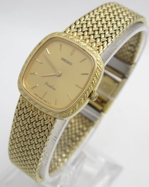 ●【稼働品】SEIKO EXCELINE 4N20-5160 レディース腕時計 ゴールド文字盤 SS/GP エクセリーヌ クォーツ 訳あり
