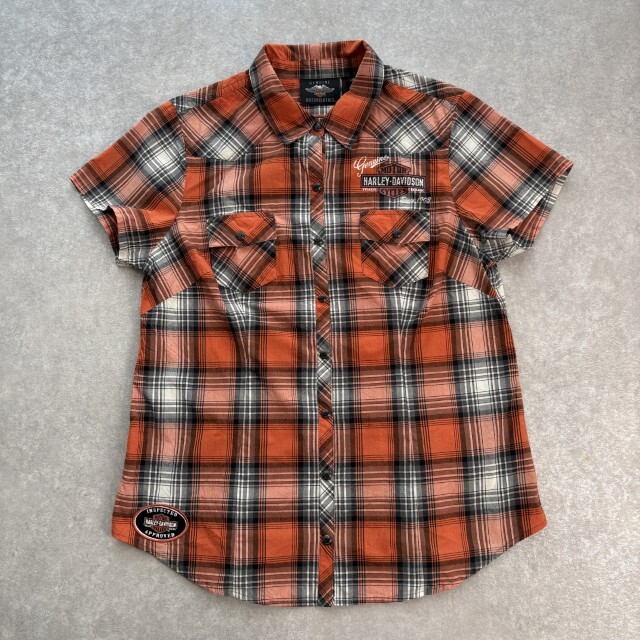 レディース HARLEY-DAVIDSON ハーレーダビッドソン GENUINE 半袖シャツ ショートスリーブ チェック柄 ワッペン ビーズ Lサイズ