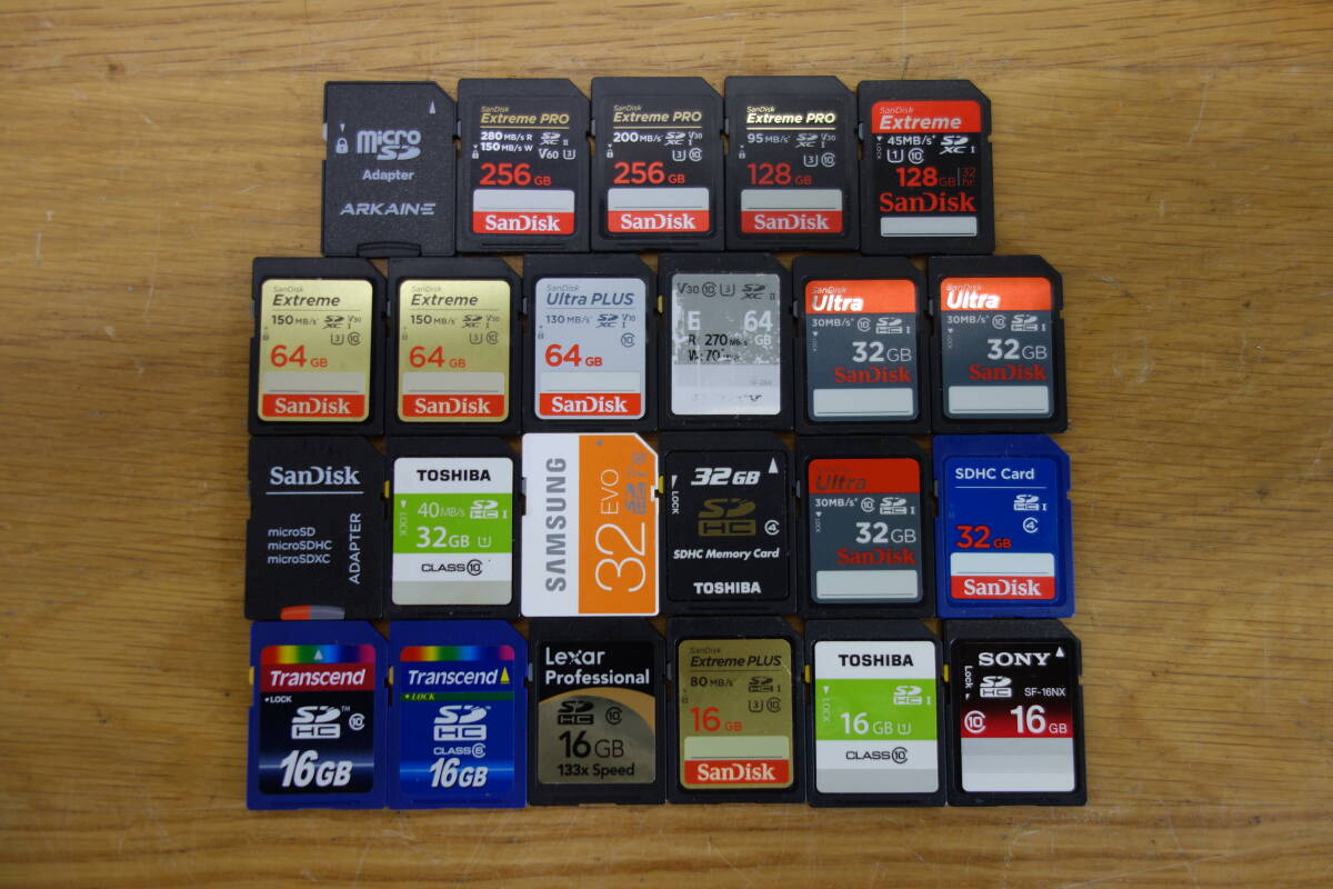 SDカード 23点 まとめ売り フォーマット済 256GBが3点 128GBが2点 64GBが4点 32GBが8点 16GBが6点 中古 ジャンク品 管理ZI-YP