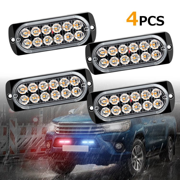 LEDストロボライト4個セット 12連LED 薄型 発光18種類(設定可) 12V/24V サイドマーカー 警告灯 作業車【イエロー】STRB12LEDS4