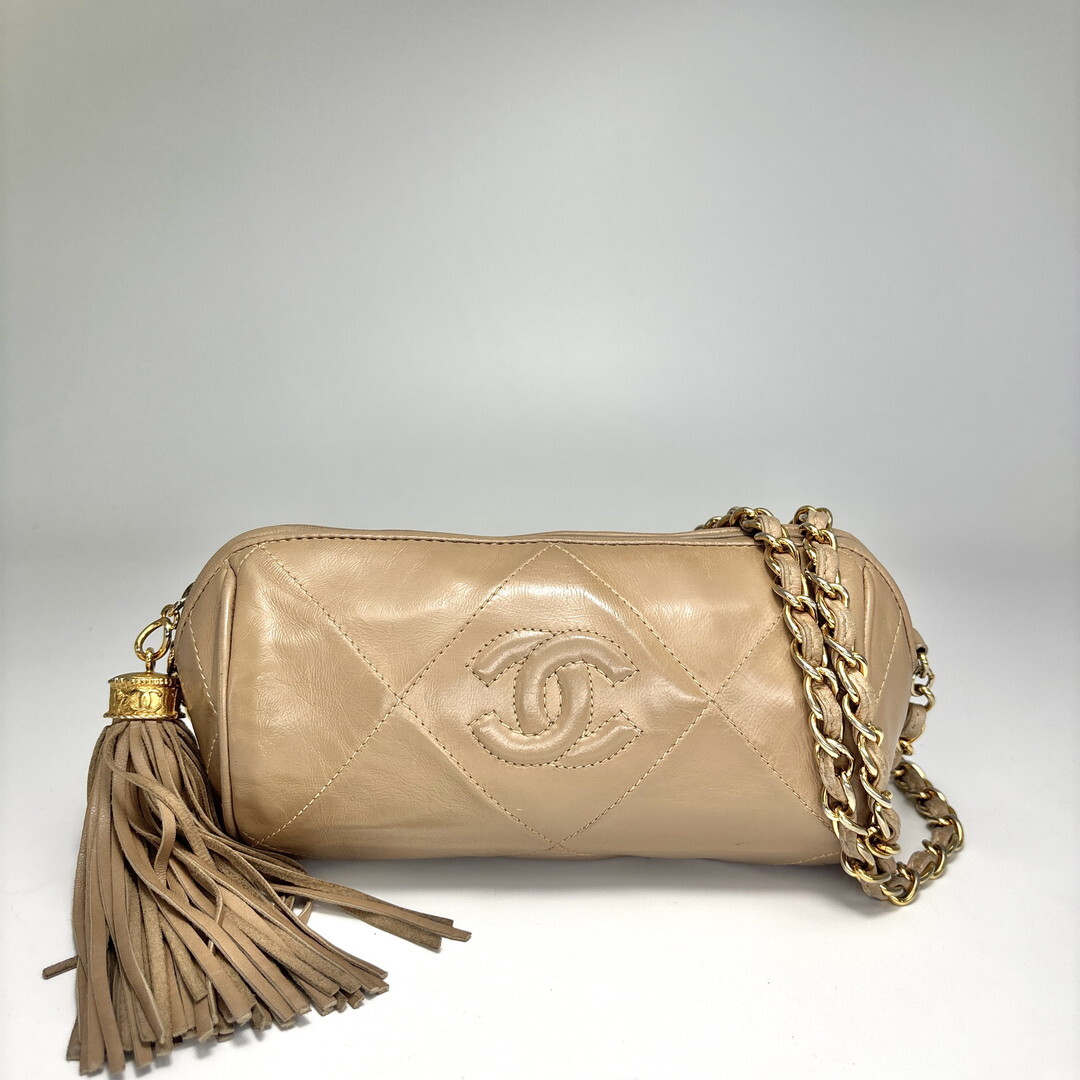 超極美品 CHANEL シャネル フリンジ タッセル マトラッセ ラムスキン ショルダーバッグ ベージュ レディース バッグ ゴールド金具 シール有