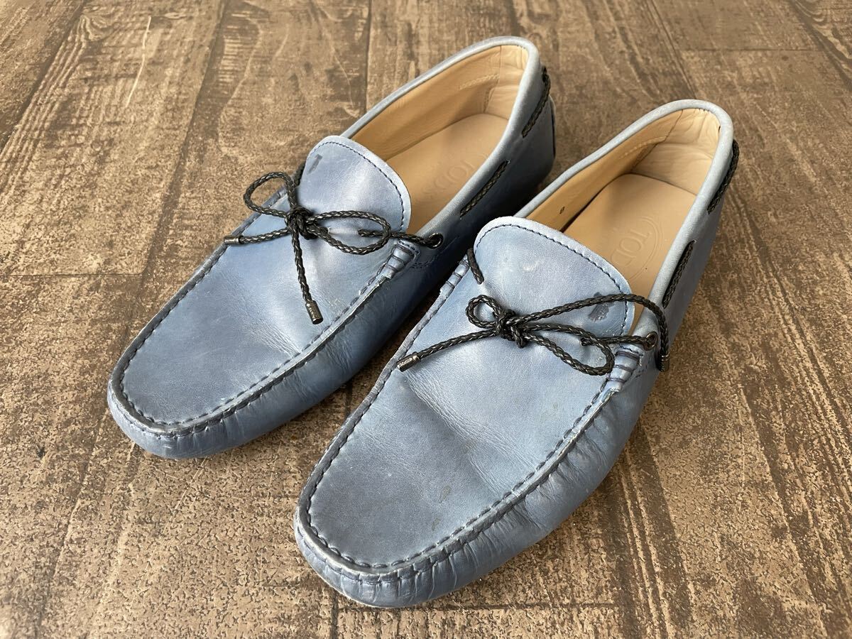1円 良品 TOD'S トッズ ゴンミーニ ドライビングシューズ 8 27cm相当 ライトブルー 水色 リボン ローファー モカシン イタリア製 メンズ