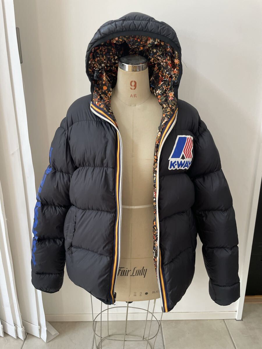 1円 美品 ディースクエアード×ケーウェイ DSQUARED2×K-WAY リバーシブル ダウンジャケット Mサイズ 黒 花柄 フローラル 国内正規品 