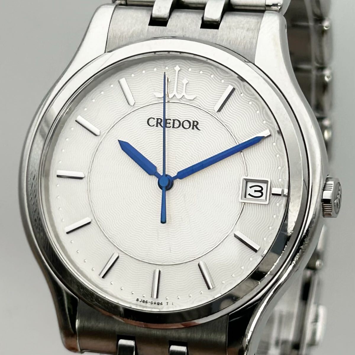 【希少 メンズ 稼働】SEIKO セイコー CREDOR クレドール 8J86-7A00 青針 薄型高級クォーツ デイト 10BAR 1999年9月 腕時計