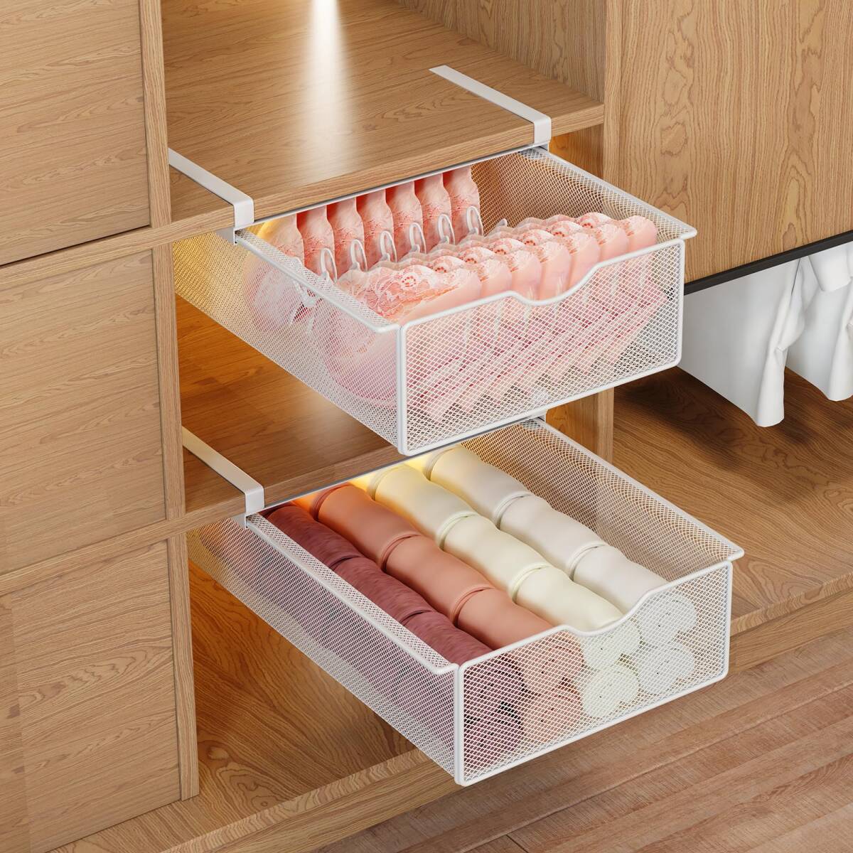 2個セット 棚下活用 吊り下げ収納カゴ & 金属製スライド引き出し 下着・靴下・小物 整理ボックス クローゼット/押入れ/ r.h