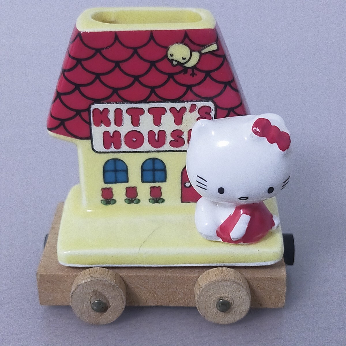★当時物★ サンリオ ハローキティ 木製台車 陶器製 KITTY'S HOUSE SANRIO 1970年代 ヒビ有