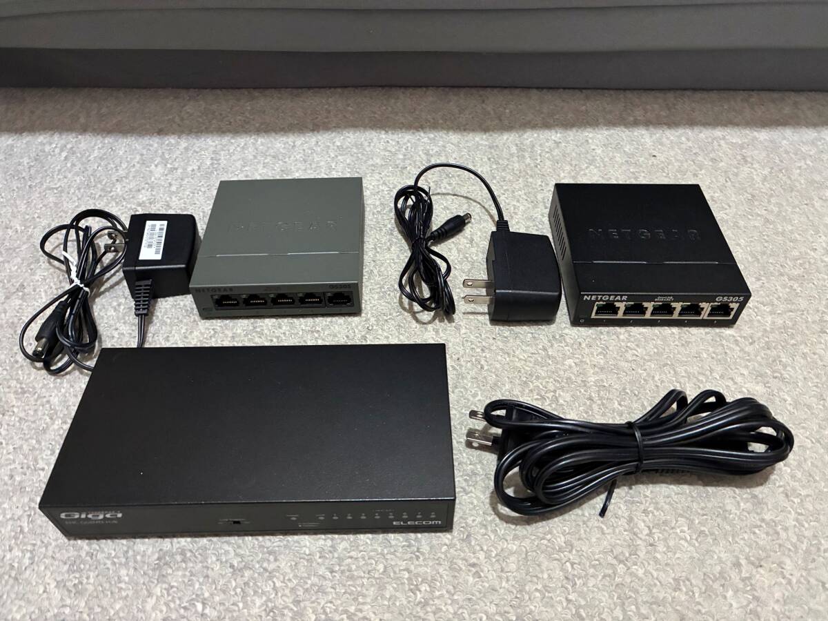 スイッチングハブ ギガビット 3台セット NETGEAR G305 x 2 (5ポート)、ELECOM EHC-G08MN-HJB (8ポート)