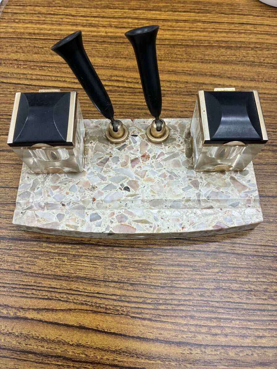 No.なし【アンティーク】大理石 デスクペンスタンド インクウェル 卓上 ペン立て インク瓶 ヴィンテージ 書斎 昭和レトロ 現状品